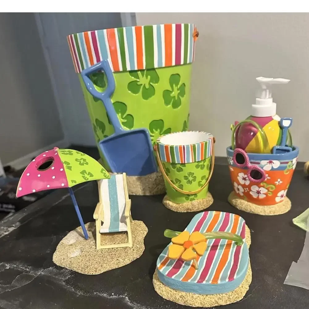 Complete Set Beach Ceramic Trash Can Toothbrush Cup And Soap Dish Dispenser Hook